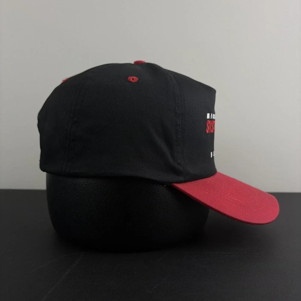 Vintage 90s Mighty System XL Brakes Snapback Hat Red Black Trucker Mechanic Cap